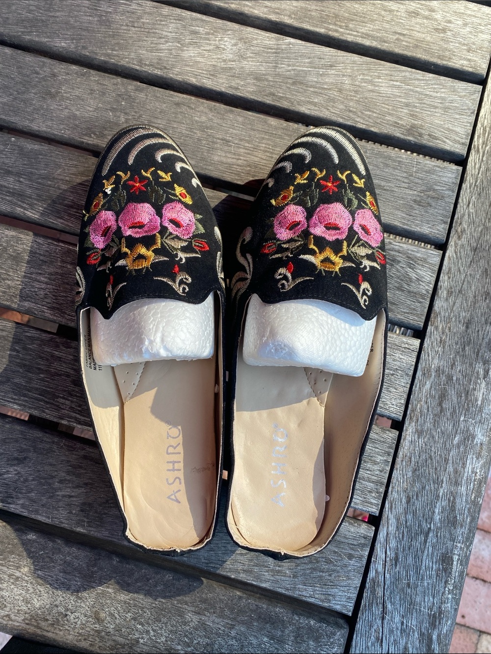 Ashro Black Floral Embroidered Slip-On Loafers with Pink Accents